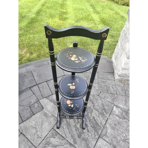 Vintage MCM Style Black Gold Folding 3 Tier Wood Shelf w/Stenciled Fruit 36”
